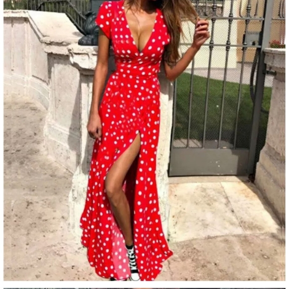 NWT Bohemian Polka Dot Maxi Split Dress S:S-Med - Picture 4 of 14